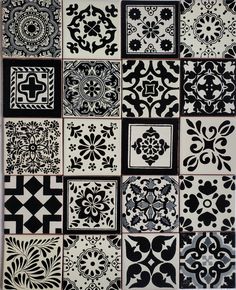 black and white tiles with different designs on the sides, all arranged in square shapes