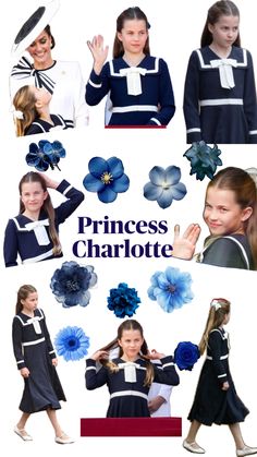 a collage of photos with the words princess charlotte in blue, white and black