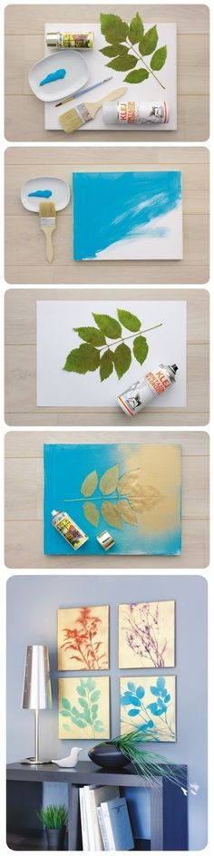 four different pictures with leaves on them and one has a lamp in front of it