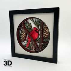 a red bird sitting on top of a tree branch next to pine cones and leaves