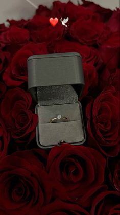 an engagement ring in a box surrounded by red roses