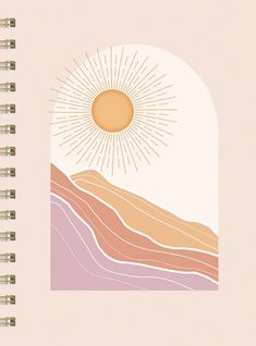 a spiral notebook with an illustration of the sun over mountains and hills in pastel colors