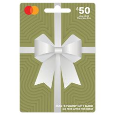 a gift card with a white bow on the front and an orange dot in the back