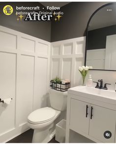 a white toilet sitting next to a sink in a bathroom under a mirror above it