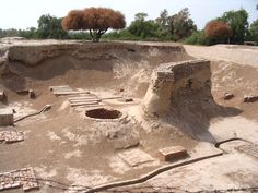 an ancient building with steps and trees in the background