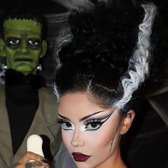 The Bride Of Frankenstein Makeup, Pin Up Bride Of Frankenstein, Kylie Jenner Frankenstein Bride, Couples Frankenstein Costumes, Bride Of Frankenstein And Frankenstein Costume, Men’s Frankenstein Makeup, Frankenstein Makeup Men, Bride If Frankenstein Makeup, Hard Halloween Costumes