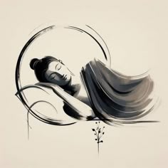 an artistic painting of a woman with long hair and flowers on her head, in black and white