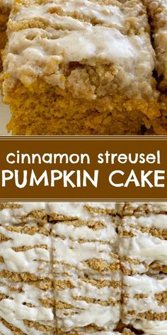 there is a cake with white icing on it and the words cinnamon - streusel pumpkin cake