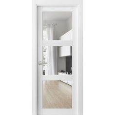 an open white door with glass on the inside