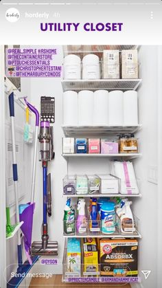 the inside of a white refrigerator filled with lots of cleaning products and supplies on shelves