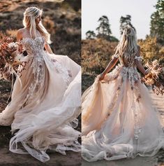 two pictures of a woman in a wedding dress with flowers on the back and side