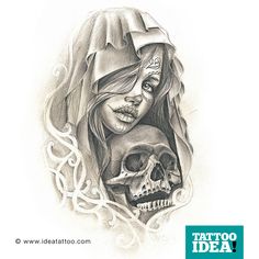 a drawing of a woman with a skull in her hand and the words tattoo idea above it