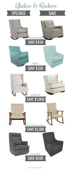 different types of chairs and rockers to choose from for the living room or bedroom