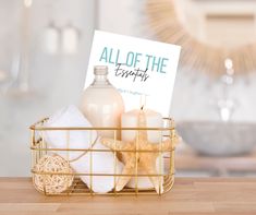 a basket filled with lots of items on top of a wooden table