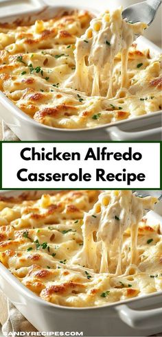 chicken alfredo casserole recipe in a white dish