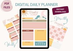 the digital daily planner is on top of a tablet with other items surrounding it and text overlay