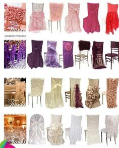 many different types of chairs and covers for the wedding ceremony or special occasion, all in various colors