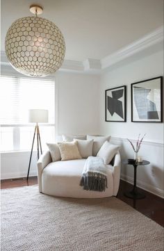 Cozy Bonus Room, Honeycomb Chandelier, Cozy Reading Chair, Family Lounge, White Room Decor, Chair Ideas, Serena Lily, Bedroom Seating, Reading Chair