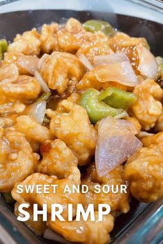 sweet and sour shrimp in a bowl with onions, celery and green peppers