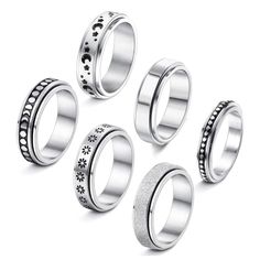 Stainless Steel Spinner Rings - Set Of 6 Designs Size 9 Perfect For Wearing On Your Thumb Or Index Finger So It’s Easy To Spin. Brand New In Plastic Packaging. Never Opened Or Worn. Rings Moon, Diy Wire Jewelry Rings, Star Sand, Teen Stuff, Unique Ring Designs, Promise Band, Wedding Promises, Fidget Rings, Spinner Ring