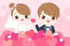 two cartoon bride and groom standing in front of hearts with flowers on the ground stock photo