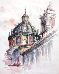 a watercolor painting of a building with two steeples on it's roof