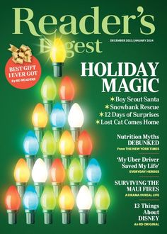 the front cover of reader's digest magazine with christmas lights on it and an ad for