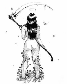 a black and white drawing of a naked woman holding an umbrella in the grass with butterflies flying around her