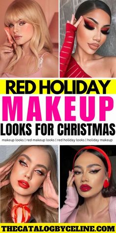 Festive Makeup Looks, Lip Ombre, Makeup Looks Red, Glittery Eye Makeup, Glossy Lids, Red Makeup