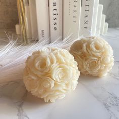 two white flowers are sitting on a table