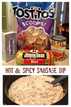 hot and spicy sausage dip recipe in a crock pot with ingredients to make it