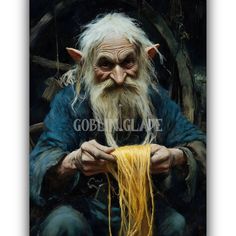 a painting of an old man with long white hair and beard, holding spaghetti in his hands