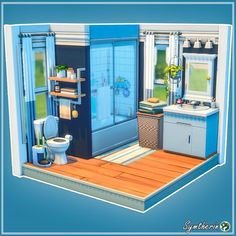 an animated bathroom with blue walls and wood flooring, including a toilet, sink, shower, and bathtub