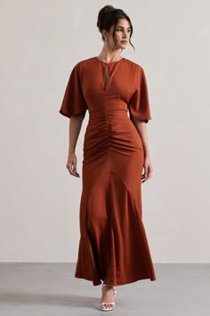 Elidy Terracotta Ruched Flutter-Sleeve Cut-Out Maxi Dress – Club L London - USA Modest Elagabt Dresses, Stylish Formal Dresses For Women, Teracota Silk Dress, Brown Formal Dress Classy, Marroon Dress Plus Size, Dress Women Elegant Chic, Rust Color Dress Winter, Evening Dresses Elegant Brown, Terracota Dress For Wedding