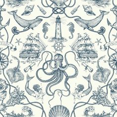 an octopus and other marine creatures are depicted in this hand drawn pattern on white paper