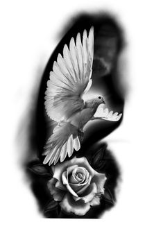 a black and white photo of a bird flying over a rose