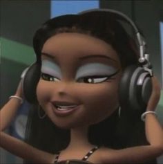 a cartoon character with headphones on her ears and eyes, smiling at the camera