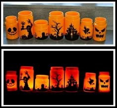 there are many halloween jars with pumpkins painted on them and one is filled with candles