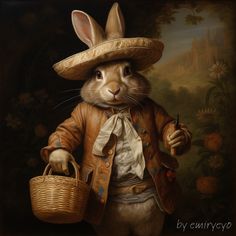 a painting of a rabbit wearing a hat and holding a basket in his hand,