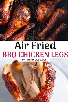 air fried bbq chicken legs on a grill with text overlay that reads, air fried bbq chicken legs