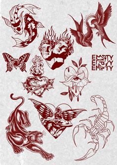 various tattoo designs are shown on a piece of paper with the words envy envy written in red