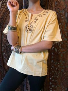 Boho Gypsy Hippy Beige Cotton Tunic Blouse HINDU Swastik Om Embroidered Top ML #mogulinterior #Tunic #Casual Embroidered Caftan, Patio Dress, Cotton Tunic Tops