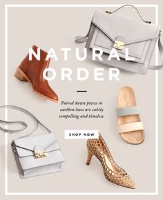 women's shoes, handbags and purses are featured in the ad for natural order