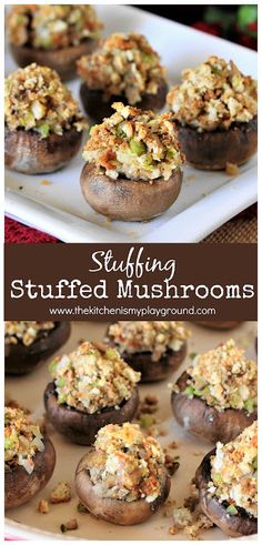 stuffed mushrooms on a white plate with the words stuffing stuffed mushrooms above it and below