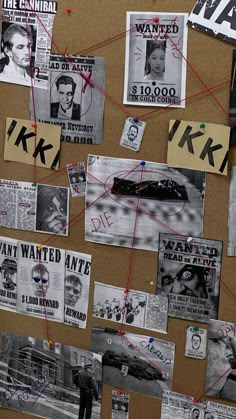 a bulletin board covered in newspaper clippings and stickers with red string attached to it