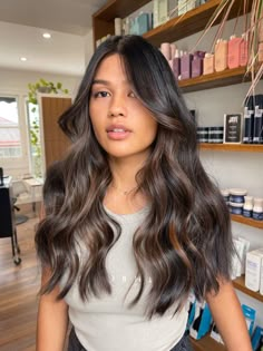 Balayage For Virgin Black Hair, Bronze Brown Balayage, Black Brown Balayage Hair, Dark Brown Hair With Highlights Latina, Fall Color For Dark Brown Hair, Brown Balayage On Black Hair Asian, Dark Brown Hair Balayage Front View, Black Hair Natural Balayage, Natural Balayage Dark Hair