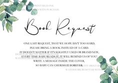 the book request is written in black ink on a white background with green leaves and branches