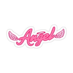 the word angel with wings in pink on a white background sticker is shown here