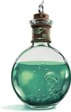 an empty glass bottle filled with green liquid