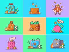 six different colored icons with money, coins and piggy banks in the middle one is holding